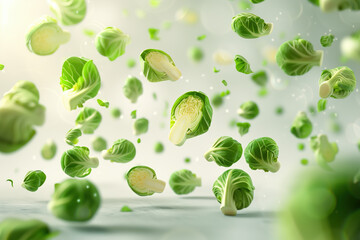Brussels Sprouts Floating Above White Surface, Crisp and Clean Image of Green Vegetables, Ideal for Food Photography