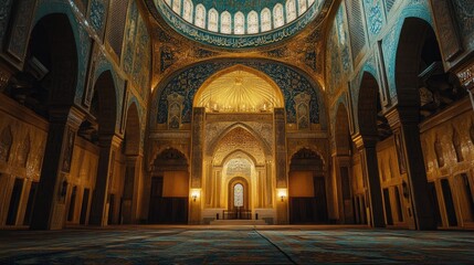 Obraz premium The interior of a mosque featuring intricate Islamic architecture, with detailed mosaics and a large prayer hall.