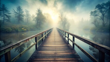 Fototapeta premium Wooden bridge extending into dense fog, creating an ethereal and mysterious atmosphere, solitude, unknown, mist, fog