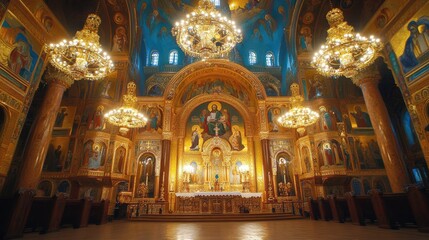 Obraz premium The interior of an Orthodox church featuring ornate iconostasis, chandeliers, and detailed frescoes.