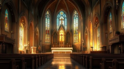 Fototapeta premium The interior of a Roman Catholic church featuring a high altar, stained glass windows, and pews.