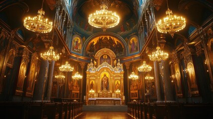 Obraz premium The interior of an Orthodox church featuring ornate iconostasis, chandeliers, and detailed frescoes.