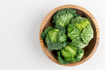 Top view a Group of Cabbagein wooden dish on White background. 