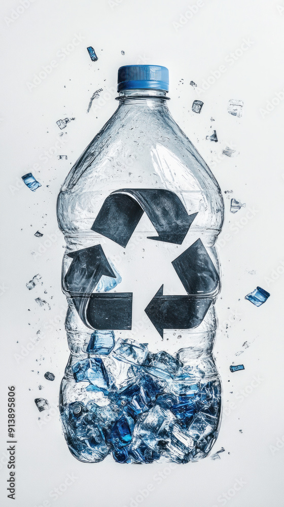 Poster a bottle of water is shown with a recycling symbol on it. the bottle is half full of ice and the top