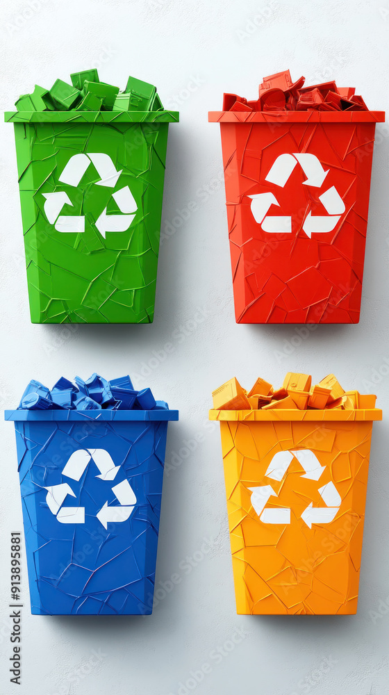 Poster four different colored trash cans with the word recycle on them. the trash cans are stacked on top o