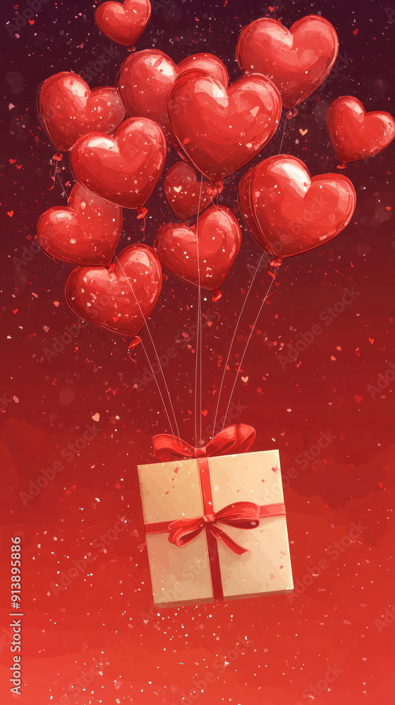 Poster a box with a red bow is floating in the air with many red hearts surrounding it. concept of love and