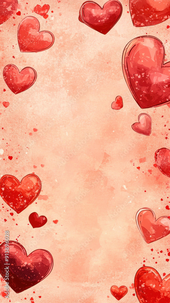 Poster a heart-shaped frame with many red hearts surrounding it. the frame is on a pink background