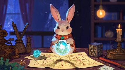 rabbit fortune teller, crystal magic ball for fortune telling AI generated