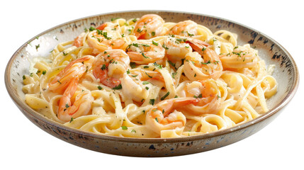 Plate of fettuccine alfredo with shrimps on transparent background