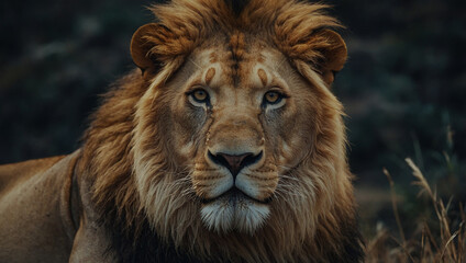 Obraz premium The image is a close-up portrait of a lion looking directly at the camera