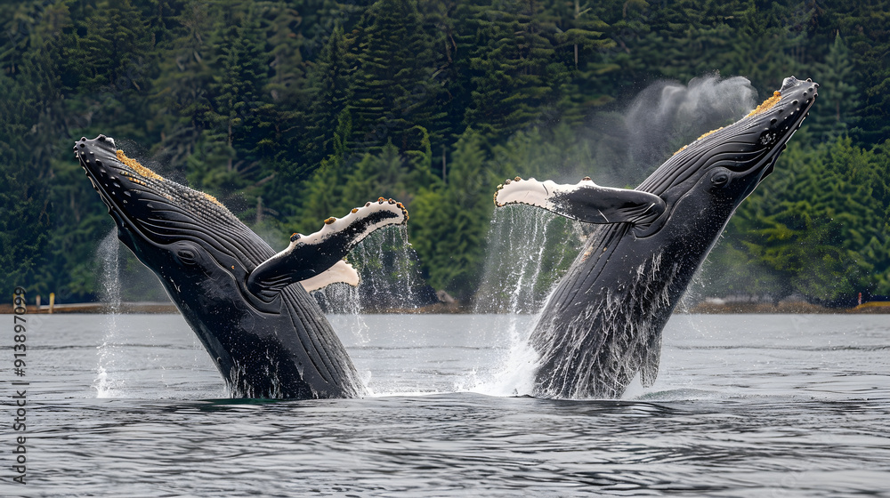 Wall mural Two humpback whales leap from the water in perfect synchrony, captured mid-breath by photographer.