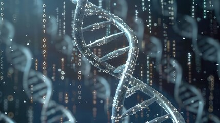 Abstract representation of a DNA helix made up of numerous floating digital bits, portraying the integration of genomics and big data analytics. 