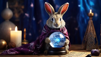 rabbit fortune teller, crystal magic ball for fortune telling AI generated