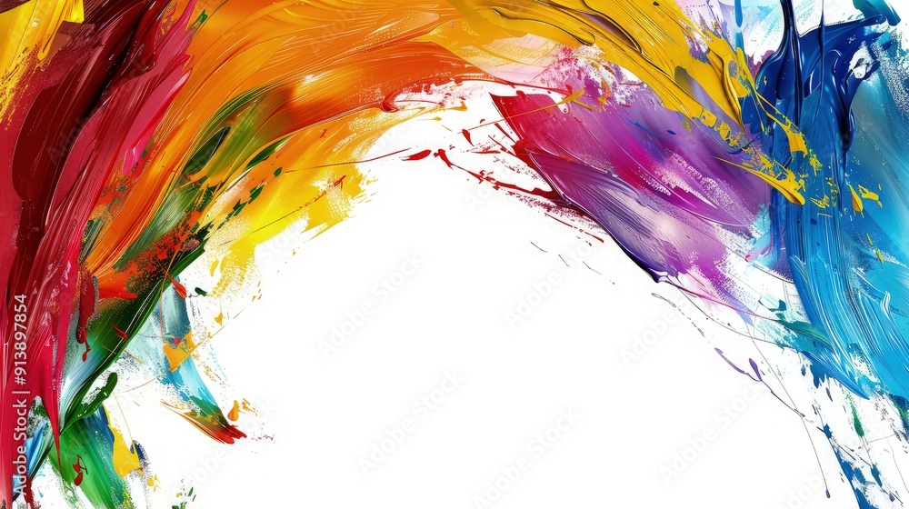 Poster an abstract expressionist splash of multicolored paint strokes, with a deliberate blank space in the
