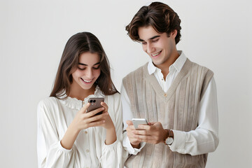 カップルがスマートフォンを楽しむ。スマホ利用シーン。