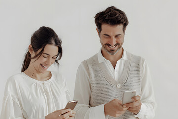 カップルがスマートフォンを楽しむ。スマホ利用シーン。