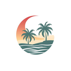 Palm Trees, Sunset, and Ocean Waves in a Circle, generative ai image