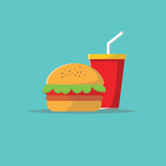 Burger Icon with Soda and Ice Vector Illustration. Hamburger Fast Food Logo. Cafe and Restaurant Menu. Flat Cartoon Style Suitable for Web Landing Page, Banner, Flyer, Sticker, Card, Background