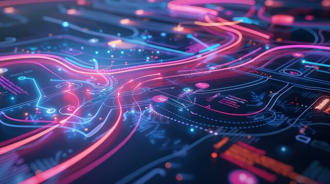 An abstract representation of a customer journey map spread out on a virtual surface, detailing touchpoints, emotions, and actions with flowing curves and bright, distinct colors. 