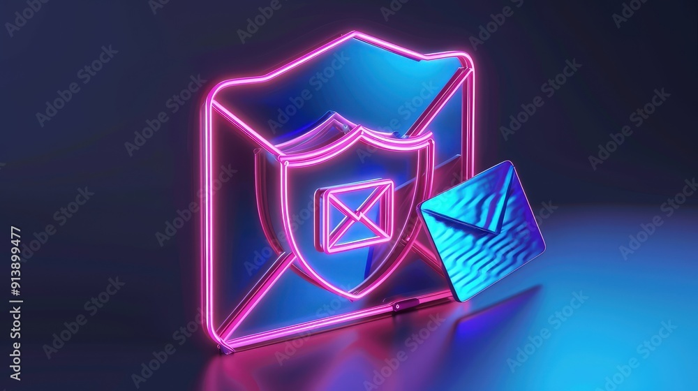 Poster an abstract visualization of email security technology, with a neon pink and blue shield icon envelo