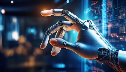 Closeup of robotic hand interacting with digital interface and multiple realistic screens