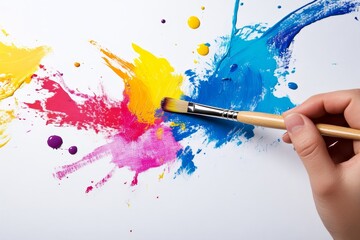 A hand holding a paintbrush, painting colorful strokes on a white surface with cutouts of paint splashes around it. High-resolution, detailed textures, crisp focus
