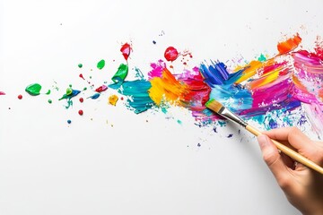 A hand holding a paintbrush, painting colorful strokes on a white surface with cutouts of paint splashes around it. High-resolution, detailed textures, crisp focus