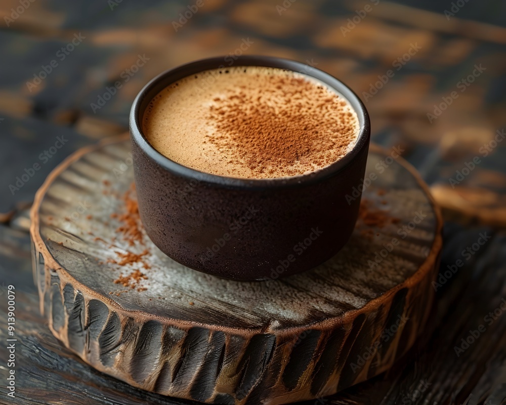 Poster rustic cappuccino with dusting of cocoa powder in cozy caf setting