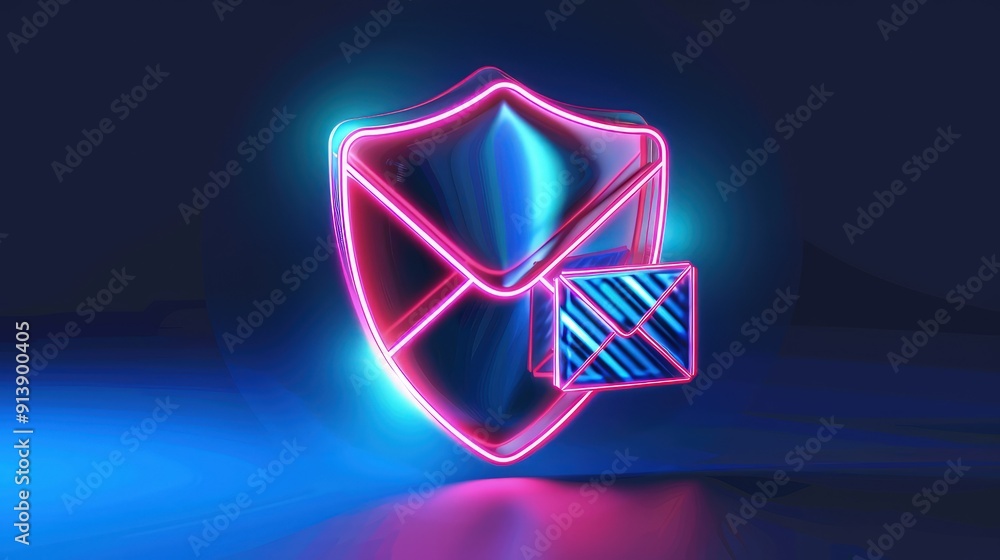 Poster an abstract visualization of email security technology, with a neon pink and blue shield icon envelo