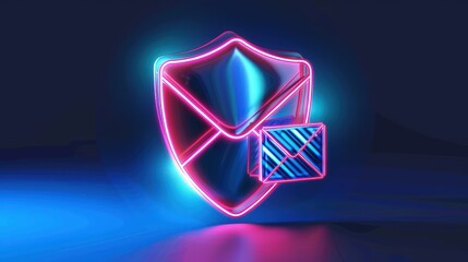 An abstract visualization of email security technology, with a neon pink and blue shield icon enveloping a glowing email envelope. The background is a gradient of deep blue to black.