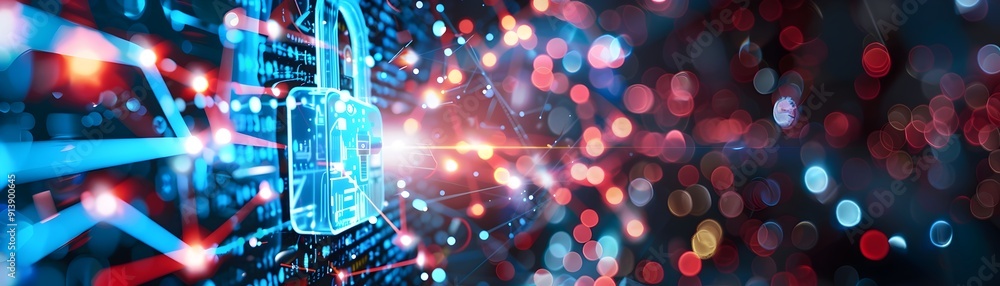 Poster abstract cyber security concept with padlock and digital data