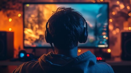 Obraz premium Gamer with headphones playing on a computer in a dimly lit room with colorful lights, capturing the immersive experience of gaming. Ideal for gaming, technology, and entertainment concepts