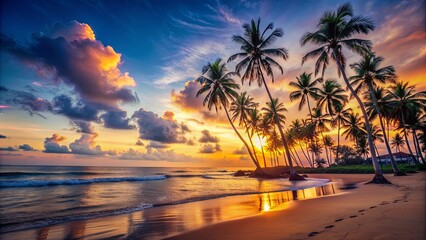 Fototapeta premium Panoramic view of a serene tropical beach at sunset with silhouette palm trees lining the shore , island, beach, palm trees