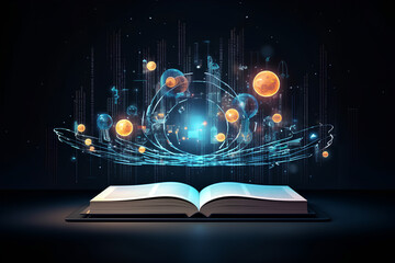 Learn online book with digital futuristic style. Infographics and book concept for e-education or electronic books. Modern illustration with dark background