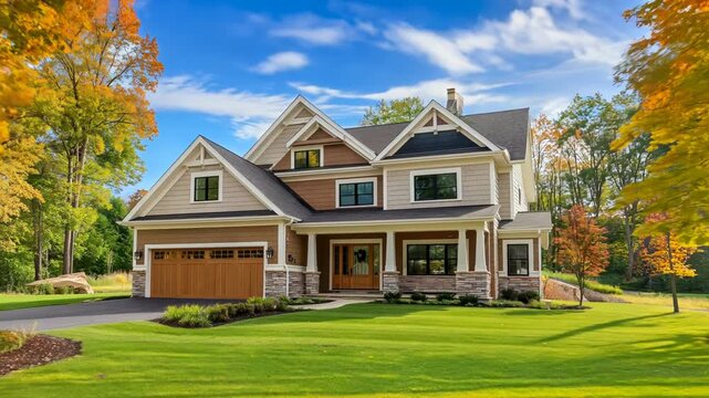 Luxury suburban house in autumn, exterior view of modern family home with fall foliage