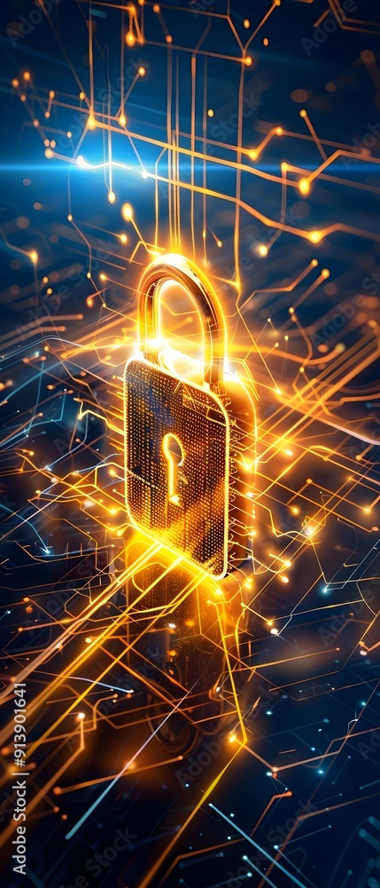 Poster cyber security concept with glowing padlock and circuit board.