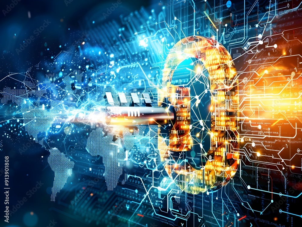 Poster global cybersecurity with key and circuit board.