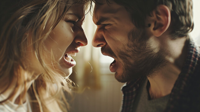 Couple arguing passionately with intense expressions in a home setting. Concepts of conflict, relationships, and emotional tension.