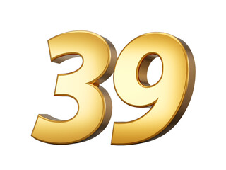 Obraz premium Golden metallic Number 39 thirty nine, White background 3d illustration 