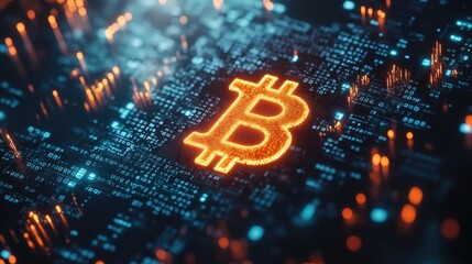 An abstract digital background with binary code and a glowing Bitcoin symbol at the center.
