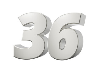 Silver 3d numbers 36 thirty six. Isolated white background 3d illustration
