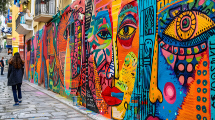 Obraz premium A person standing in front of vibrant street art in Athens, Greece, admiring the scene.