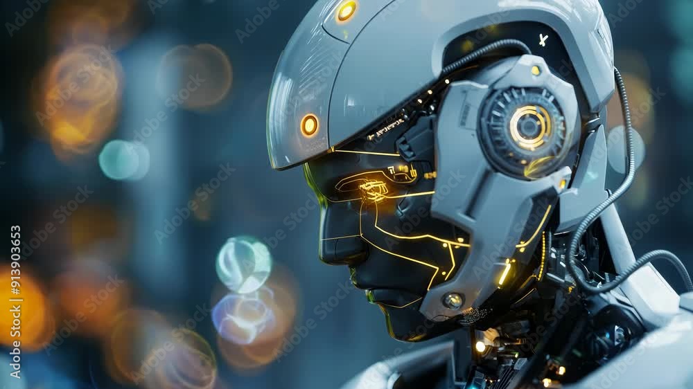 Poster futuristic humanoid robot with illuminated details in a technological setting