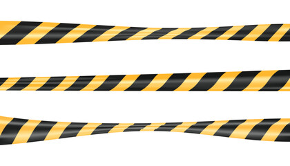 Set of vector safety tape or crime stripe. Isolated warning barrier or danger line. Construction ribbon or hazard area or zone strip. Yellow and black boundary cordon or security perimeter. Attention