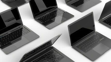An array of 3D laptop mockups showing different angles and open positions, with a minimalist black design, set against a white backdrop.