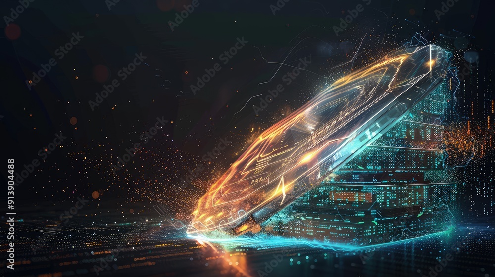Poster an artistic representation of a crm data protection mechanism, visualized as a digital shield envelo