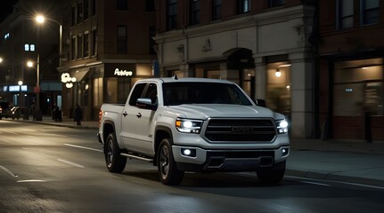 White Truck Driving Down Night Street with lights in background. generative.ai