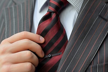 Close-up of a man's hand adjusting his striped tie.