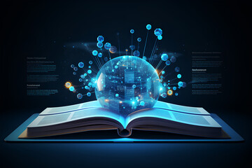 Learn online book with digital futuristic style. Infographics and book concept for e-education or electronic books. Modern illustration with dark background