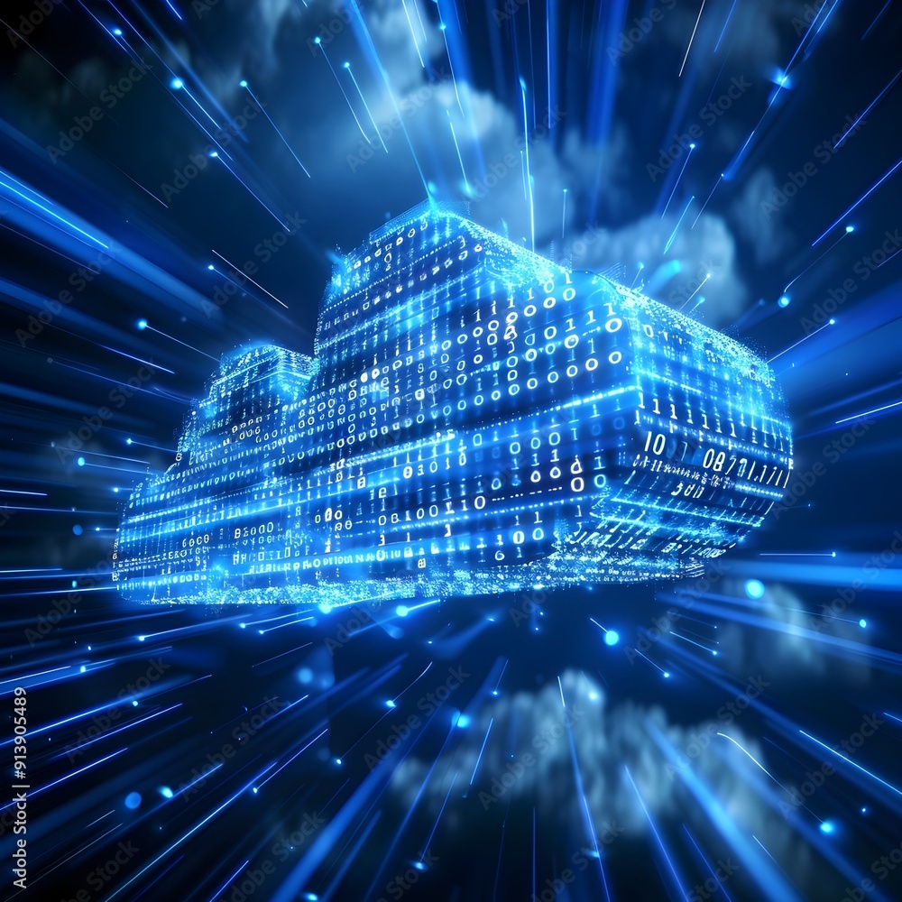 Poster futuristic digital cloud with binary code representing cloud storage and computing concept